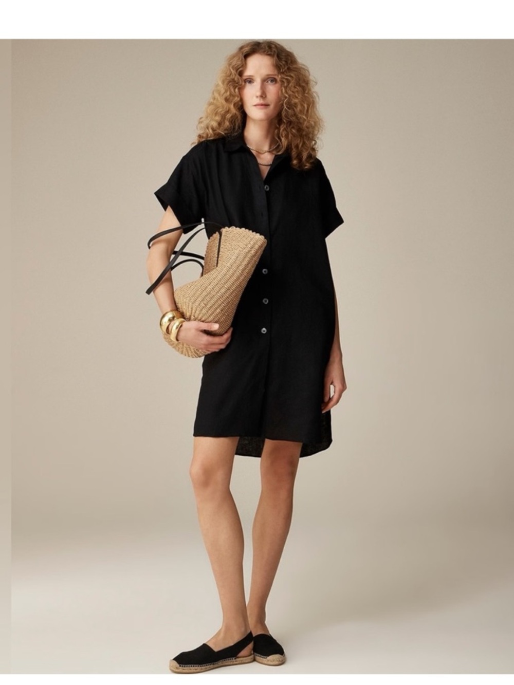J. Crew Black Short-Sleeve Button Shirtdress linen